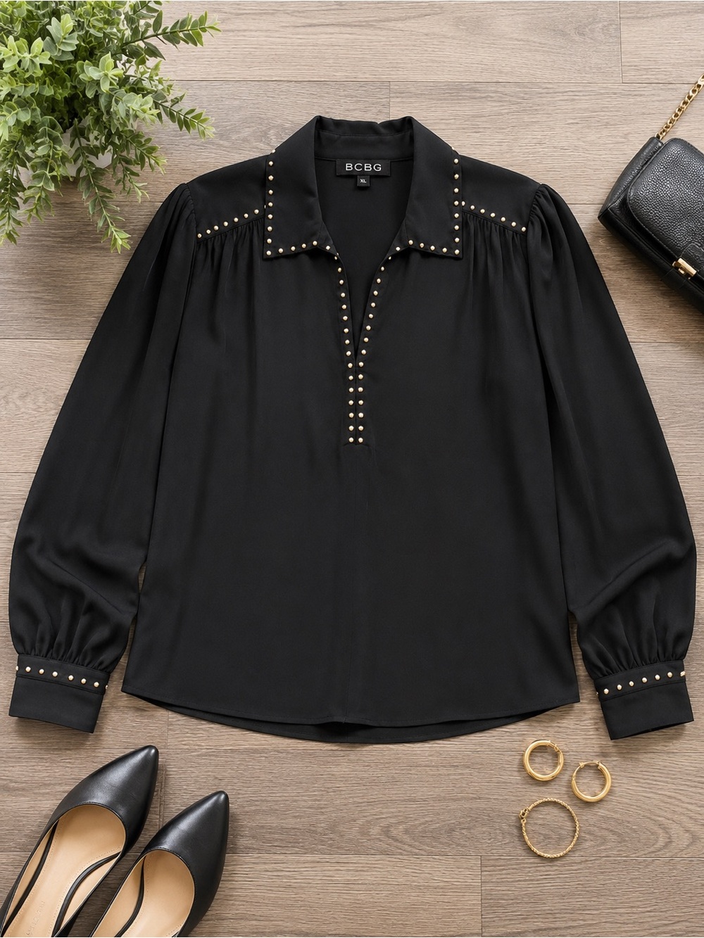 BCBG Studded Black Blouse XL Long Sleeve Collared Dressy Top
